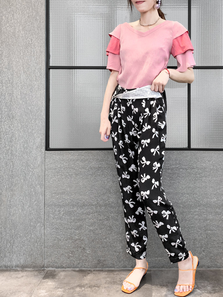 驚喜促銷!粉紅色 & 打孔疊層袖雙 V 領襯衫