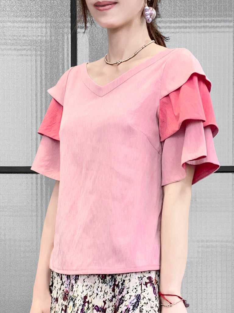 驚喜促銷!粉紅色 & 打孔疊層袖雙 V 領襯衫