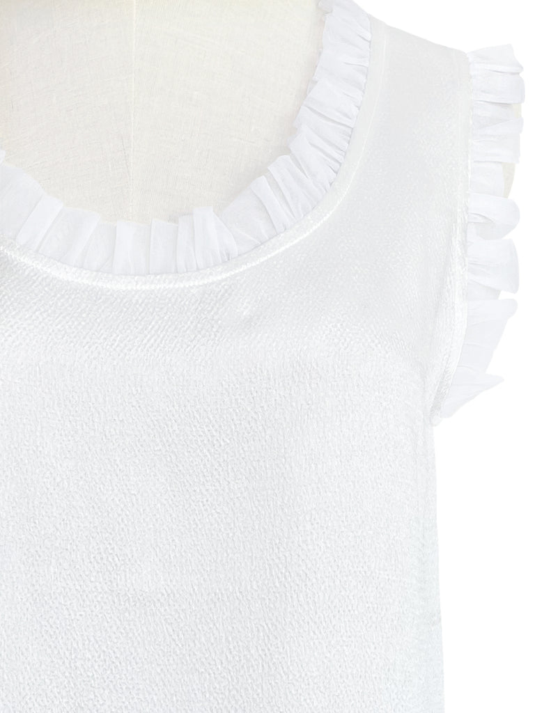 Surprise Sale! Cool White Lustrous Satin Ruffled Tulle Trim Shell