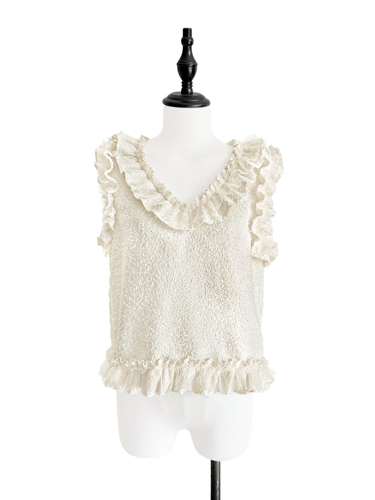 Final Sale! Gold Jacquard Layered Mesh Ruffle Sleeveless Top