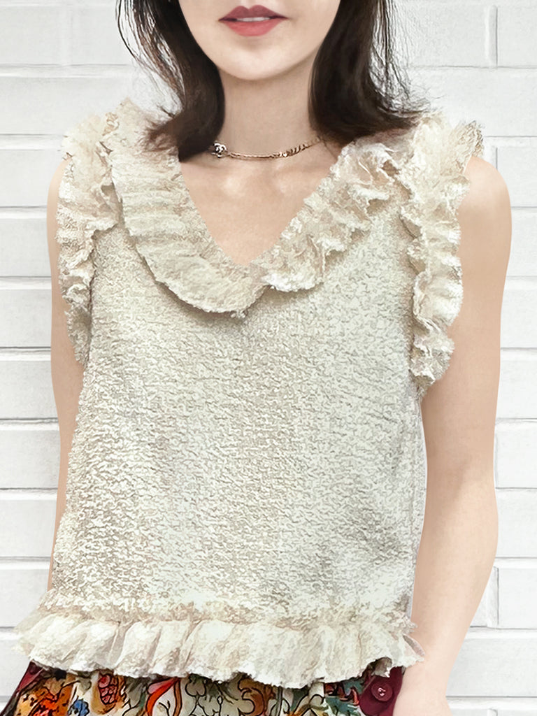 Final Sale! Gold Jacquard Layered Mesh Ruffle Sleeveless Top