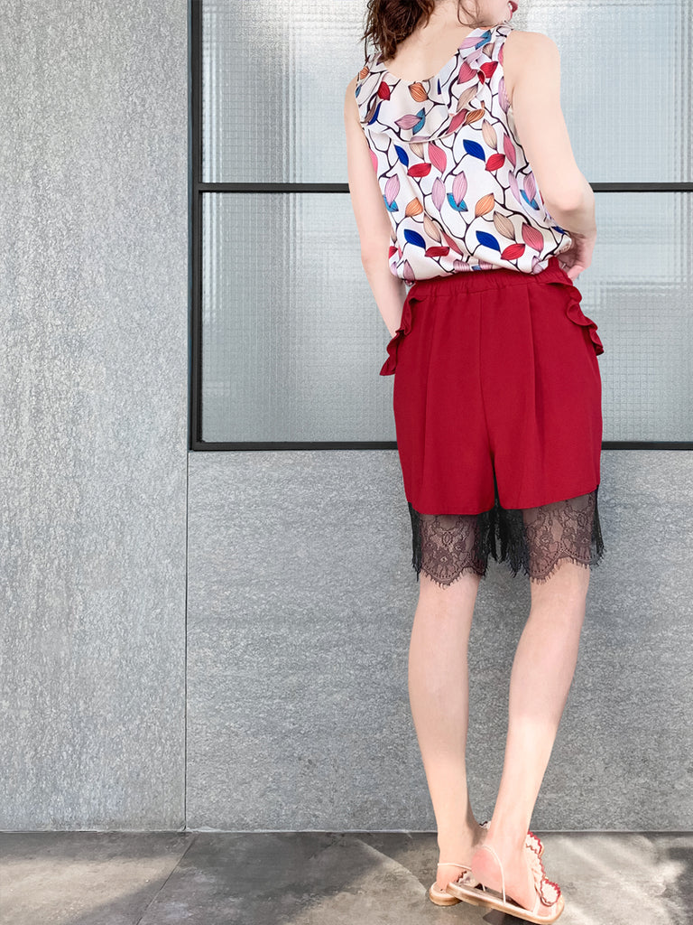 Last Chance! Wine Red Ruffle Pocket Lace Hem Drapey Breezy Shorts
