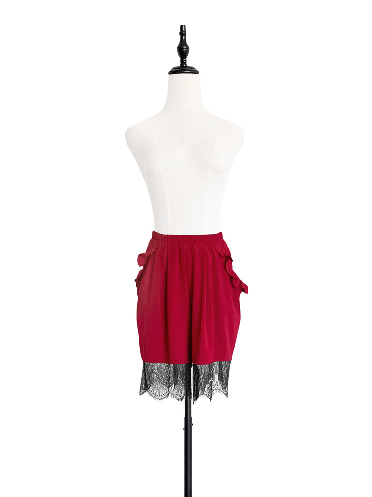 Last Chance! Wine Red Ruffle Pocket Lace Hem Drapey Breezy Shorts