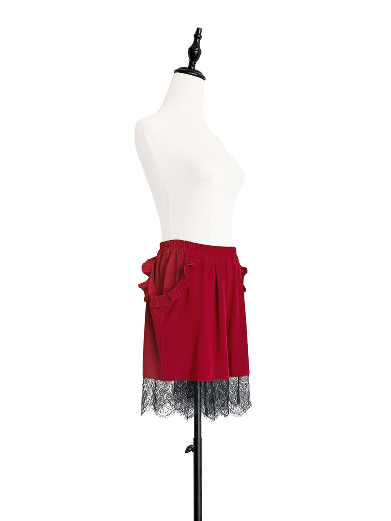 Last Chance! Wine Red Ruffle Pocket Lace Hem Drapey Breezy Shorts