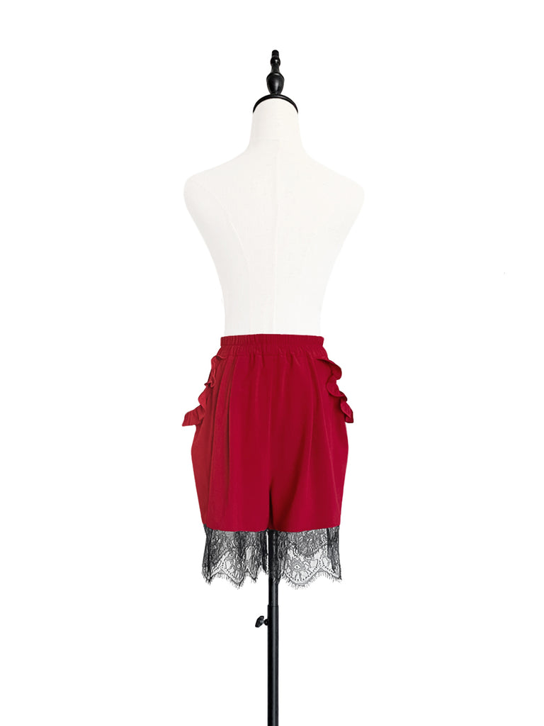 Last Chance! Wine Red Ruffle Pocket Lace Hem Drapey Breezy Shorts