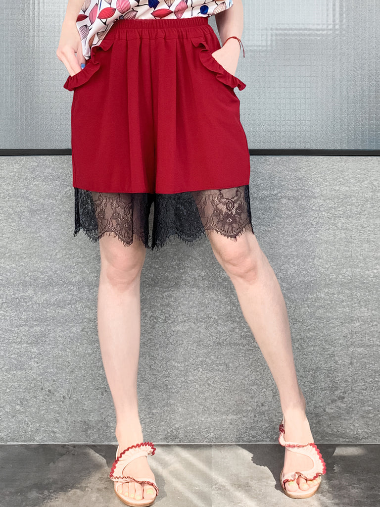Last Chance! Wine Red Ruffle Pocket Lace Hem Drapey Breezy Shorts