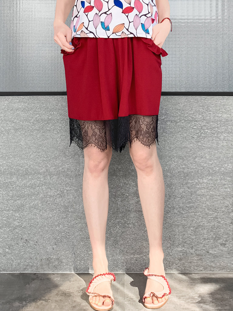 Last Chance! Wine Red Ruffle Pocket Lace Hem Drapey Breezy Shorts