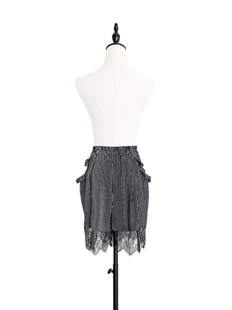 驚喜促銷!單條紋荷葉邊口袋蕾絲下擺垂墜絲質短褲