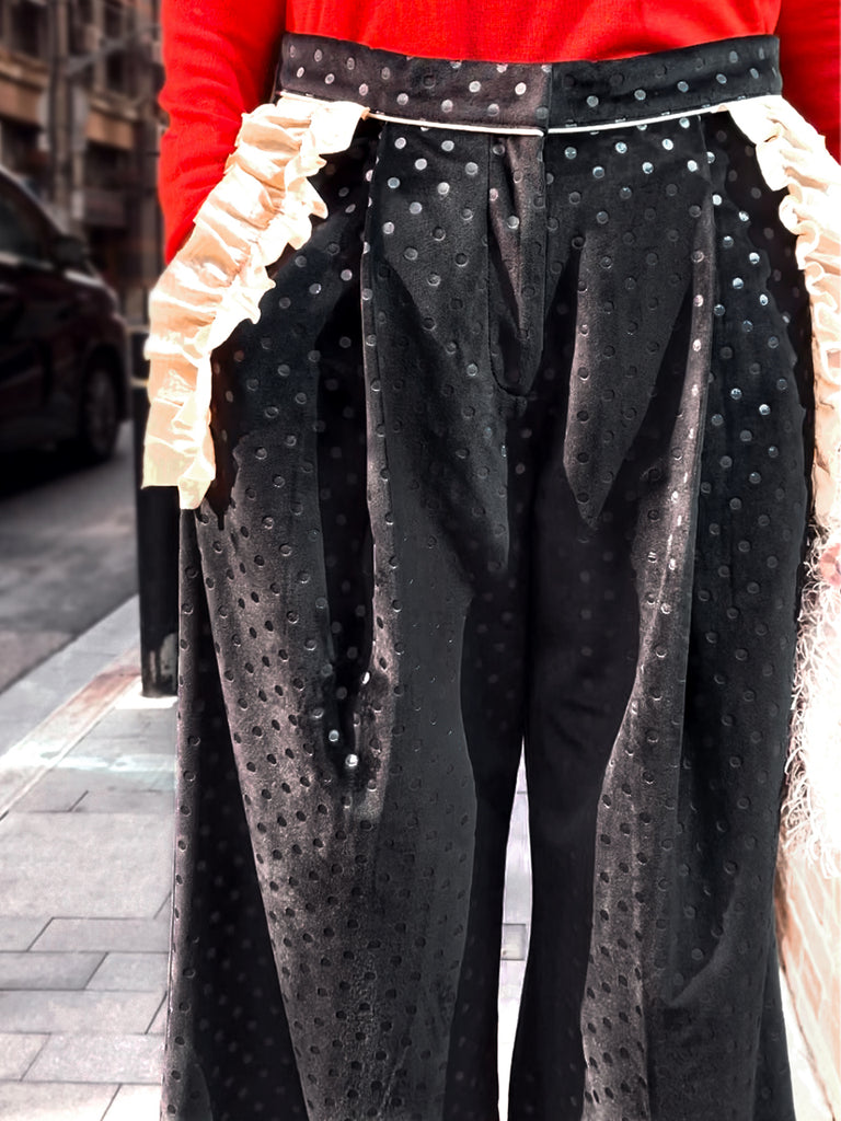 Surprise Sale! Black Dots Ruffle Trimmed Pocket Wide Leg Velvet Trousers
