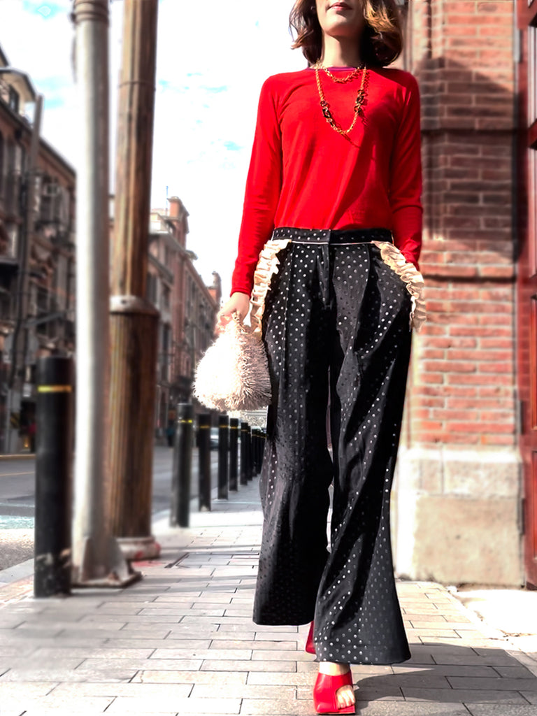 Surprise Sale! Black Dots Ruffle Trimmed Pocket Wide Leg Velvet Trousers