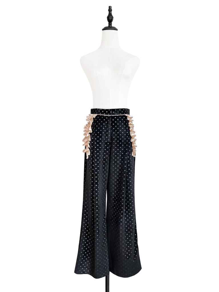 Surprise Sale! Black Dots Ruffle Trimmed Pocket Wide Leg Velvet Trousers