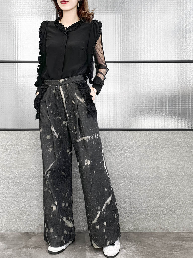 Surprise Sale! Inky Denim Ruffle Trimmed Pocket Wide Leg Trousers