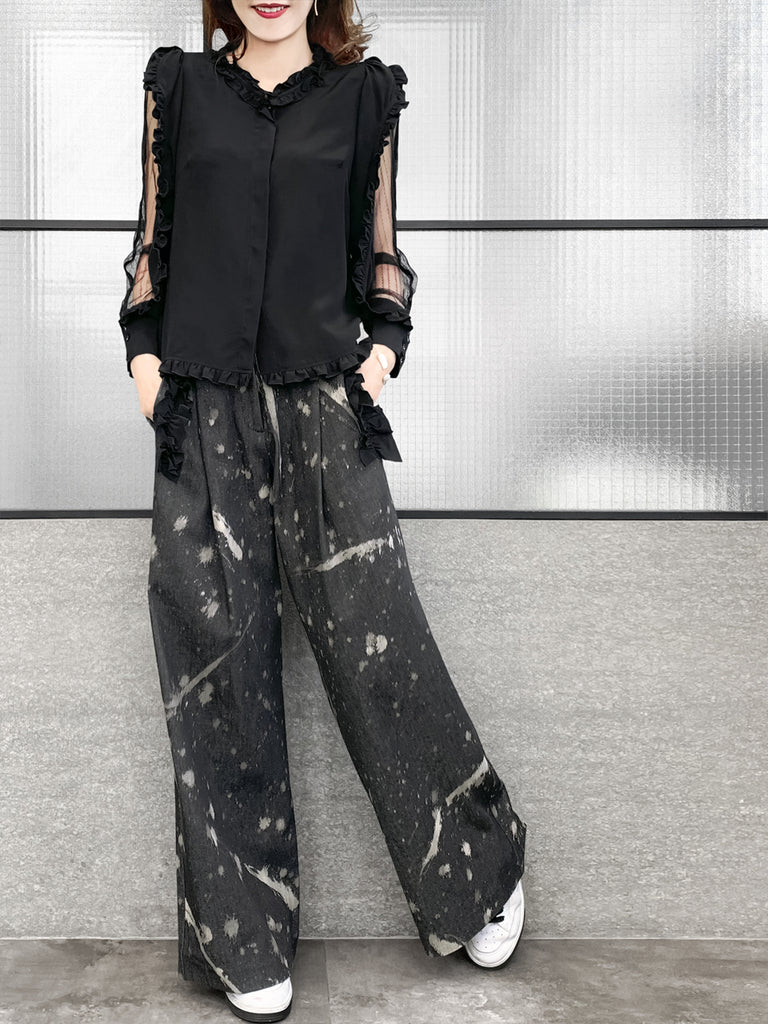 Surprise Sale! Inky Denim Ruffle Trimmed Pocket Wide Leg Trousers