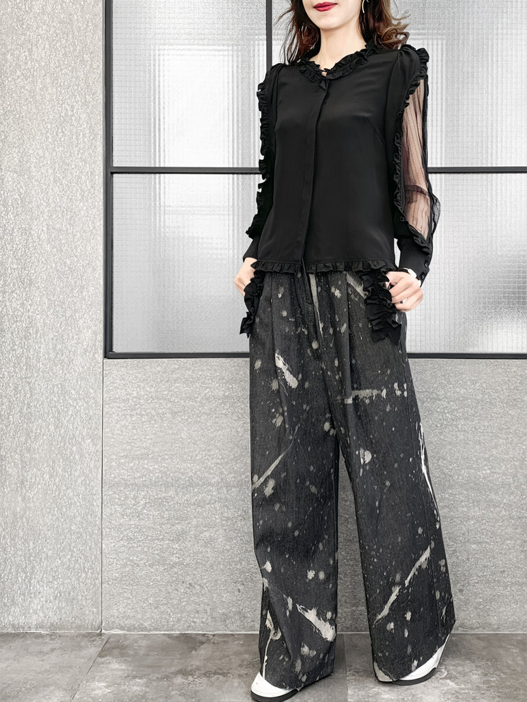 Surprise Sale! Inky Denim Ruffle Trimmed Pocket Wide Leg Trousers