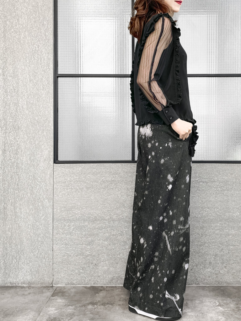 Surprise Sale! Inky Denim Ruffle Trimmed Pocket Wide Leg Trousers