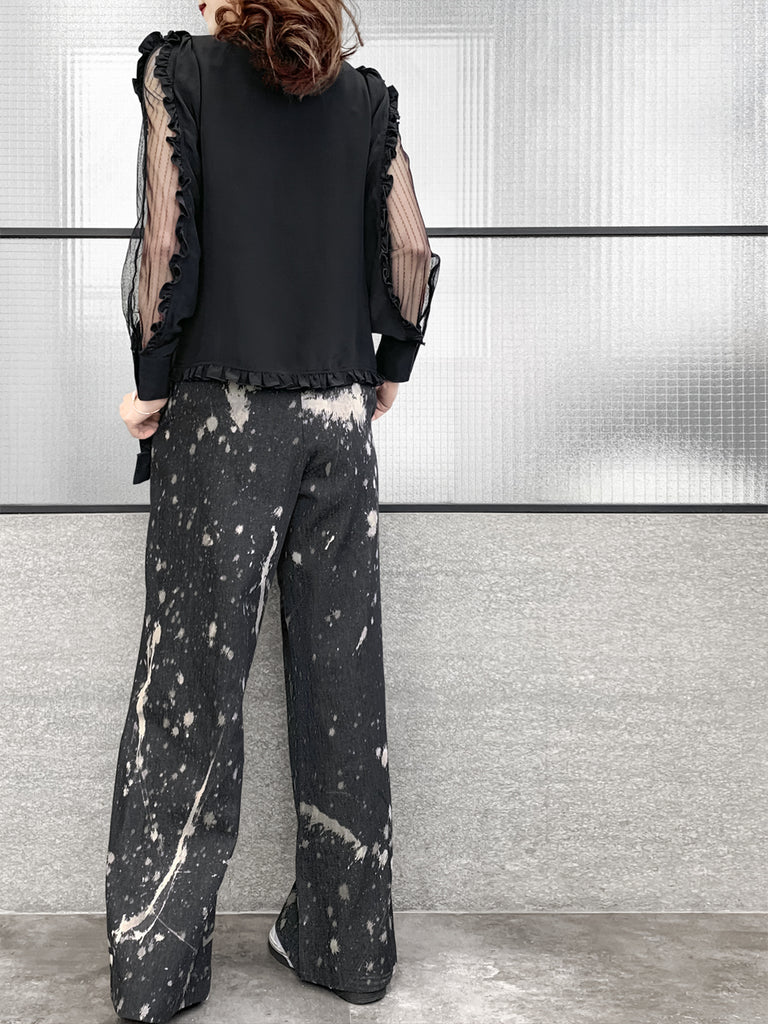 Surprise Sale! Inky Denim Ruffle Trimmed Pocket Wide Leg Trousers