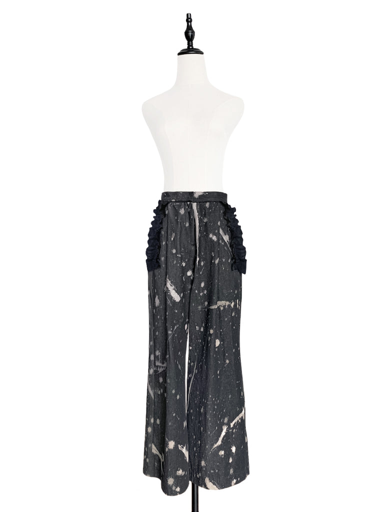 Surprise Sale! Inky Denim Ruffle Trimmed Pocket Wide Leg Trousers