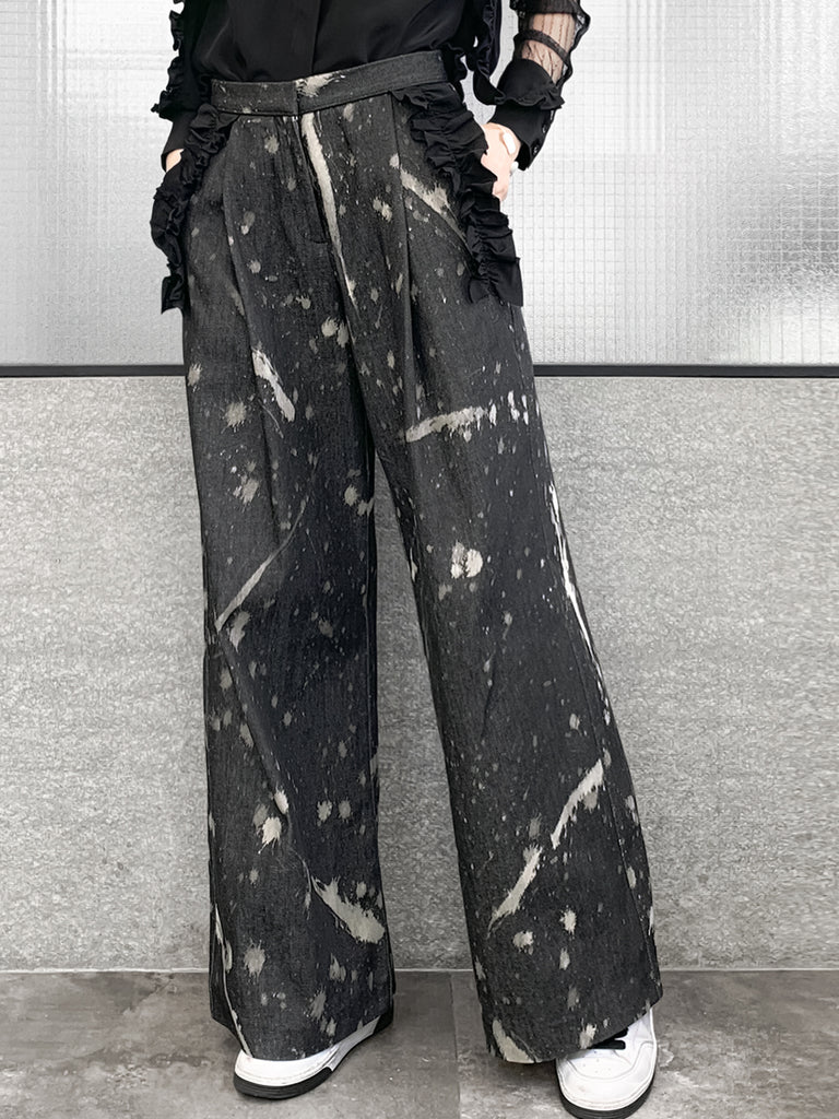Surprise Sale! Inky Denim Ruffle Trimmed Pocket Wide Leg Trousers