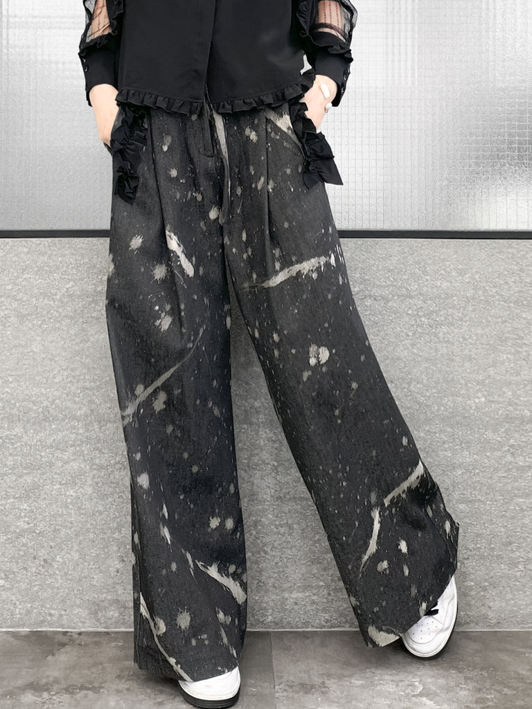 Surprise Sale! Inky Denim Ruffle Trimmed Pocket Wide Leg Trousers