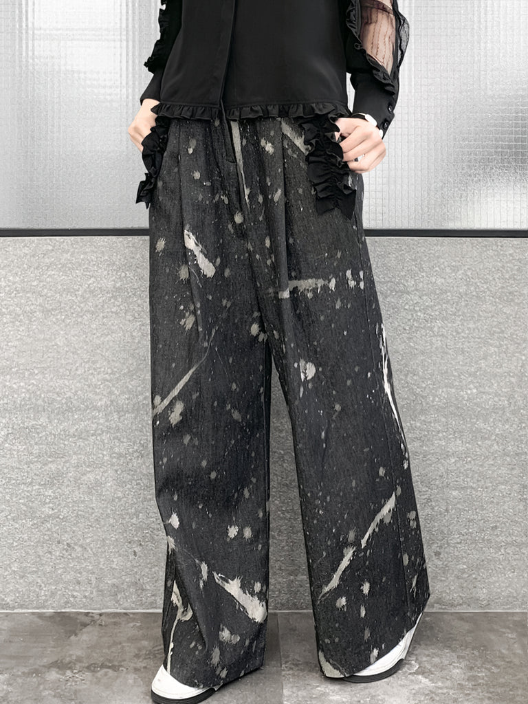 Surprise Sale! Inky Denim Ruffle Trimmed Pocket Wide Leg Trousers