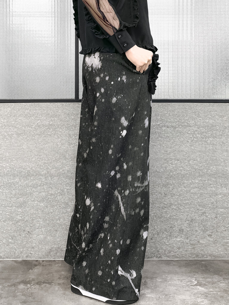 Surprise Sale! Inky Denim Ruffle Trimmed Pocket Wide Leg Trousers