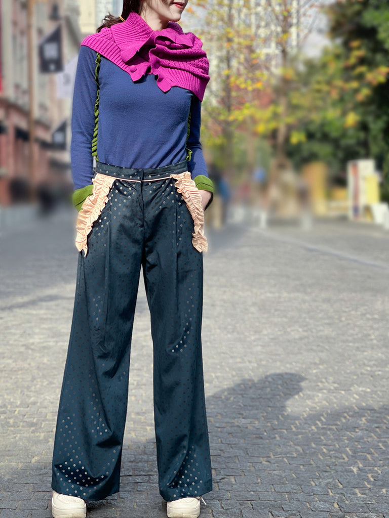 Surprise Sale! Teal Dots Ruffle Trimmed Pocket Wide Leg Velvet Trousers