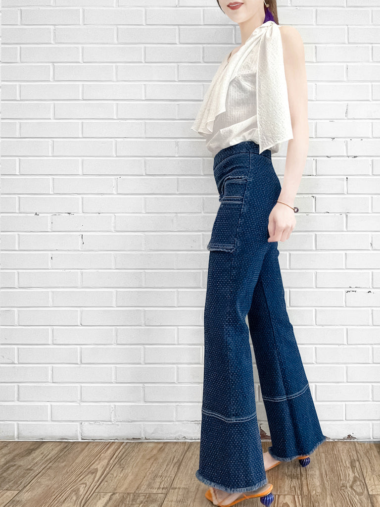 Textured Dotty Patch Pocket Raw Hem Denim Pants