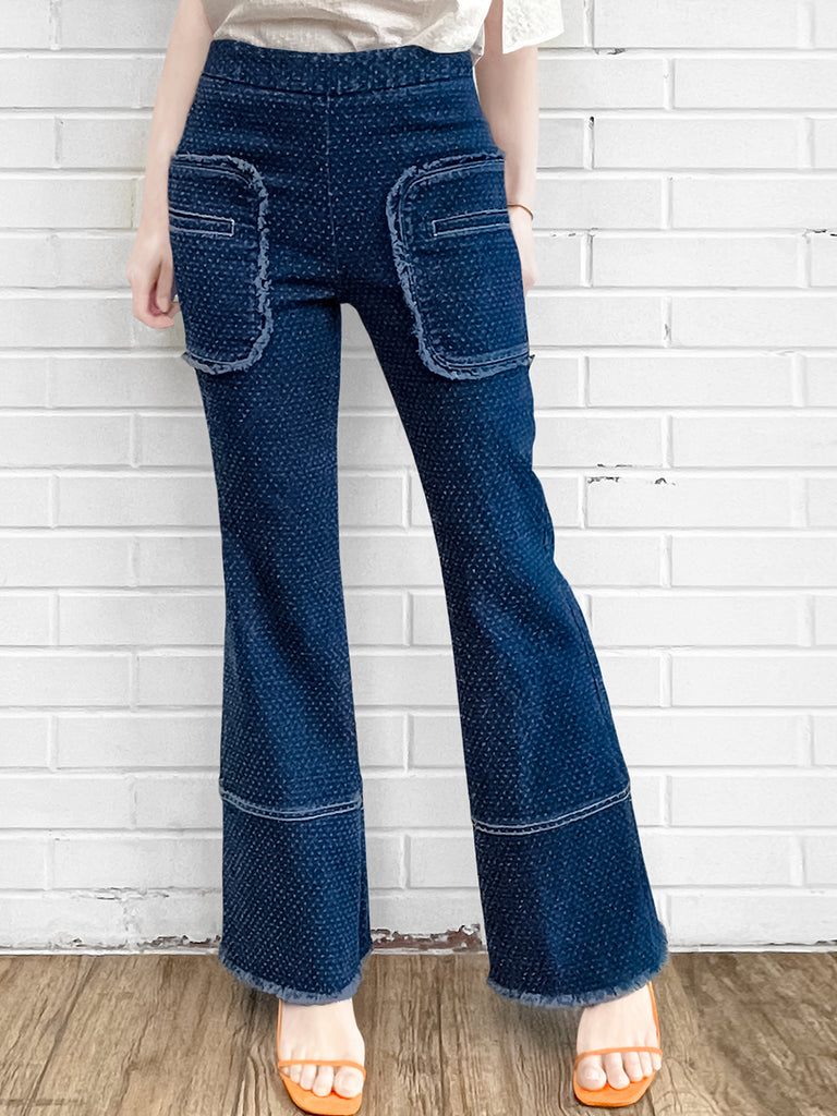 Textured Dotty Patch Pocket Raw Hem Denim Pants