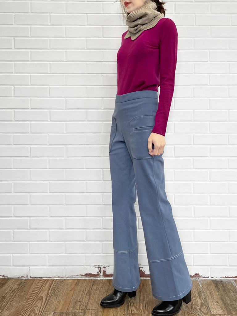 Pale Blue Patch Pocket White Stitch Canvas Pants