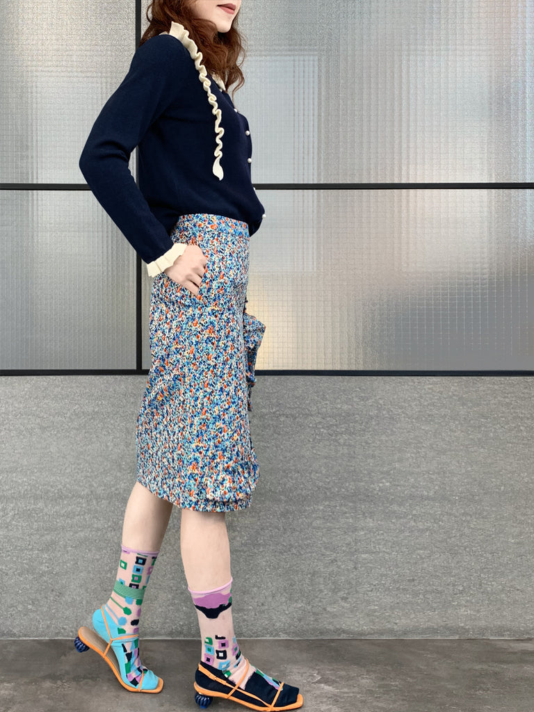 Surprise Sale! Blue Jacquard Blossom Ruffle Slit Pencil Skirt