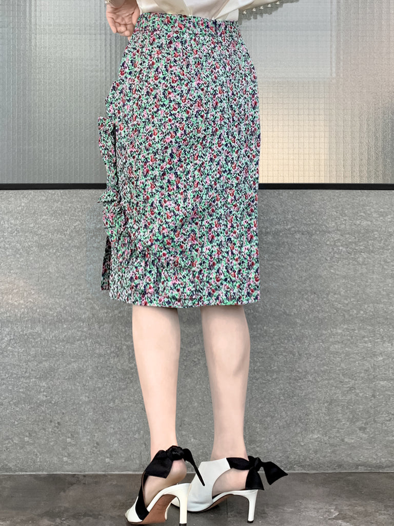 Surprise Sale! Green Jacquard Blossom Ruffle Slit Pencil Skirt