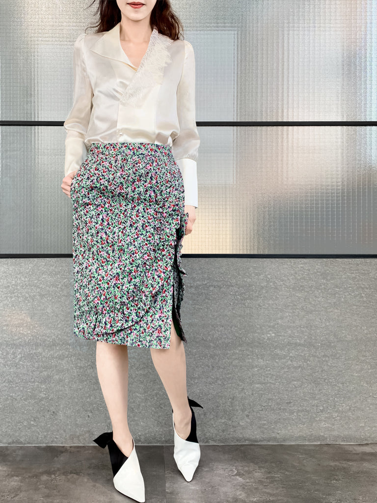 Surprise Sale! Green Jacquard Blossom Ruffle Slit Pencil Skirt