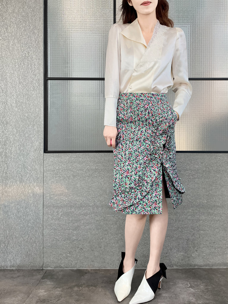 Surprise Sale! Green Jacquard Blossom Ruffle Slit Pencil Skirt