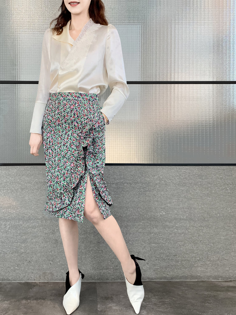 Surprise Sale! Green Jacquard Blossom Ruffle Slit Pencil Skirt