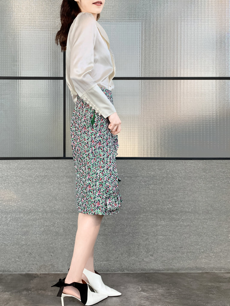 Surprise Sale! Green Jacquard Blossom Ruffle Slit Pencil Skirt