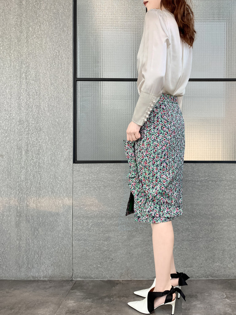 Surprise Sale! Green Jacquard Blossom Ruffle Slit Pencil Skirt