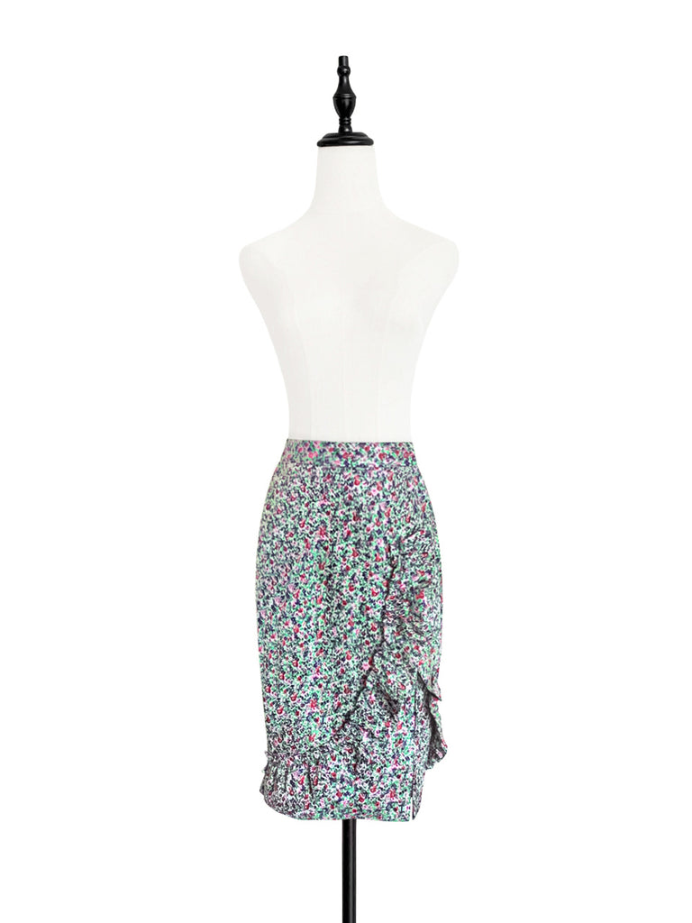 Surprise Sale! Green Jacquard Blossom Ruffle Slit Pencil Skirt