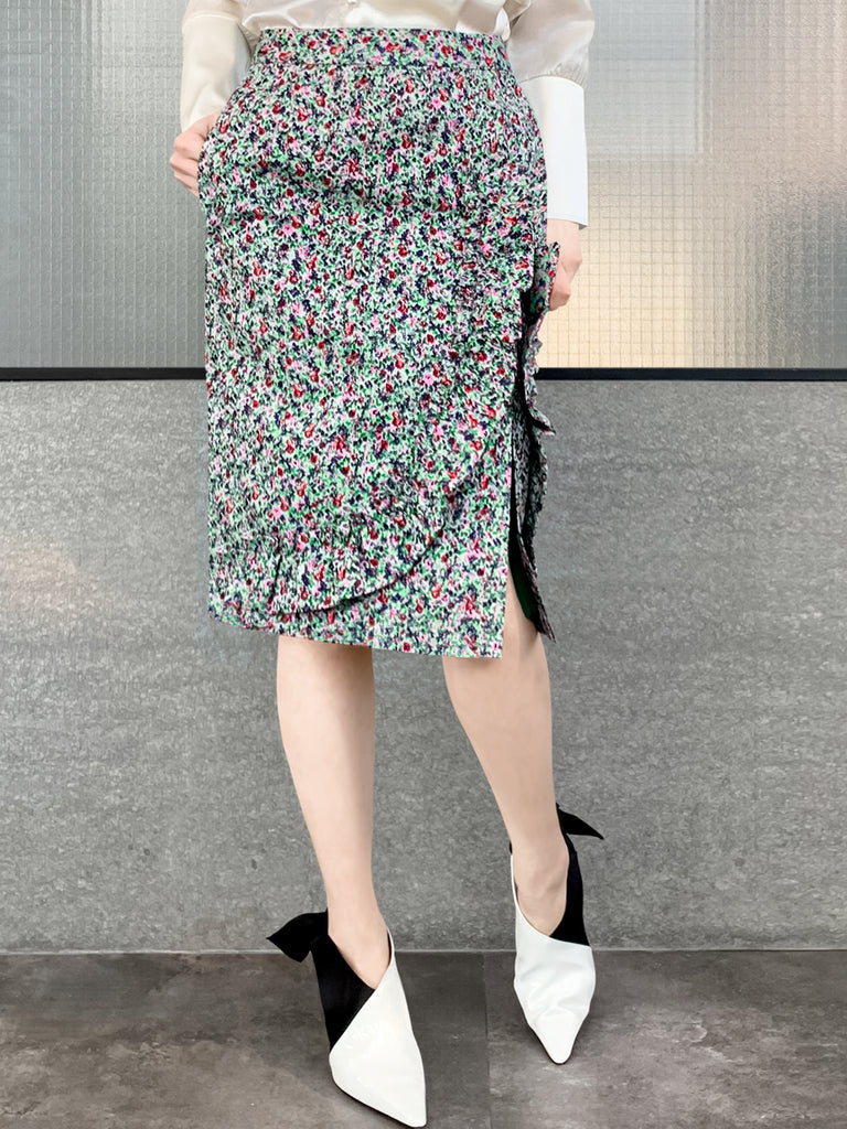 Surprise Sale! Green Jacquard Blossom Ruffle Slit Pencil Skirt