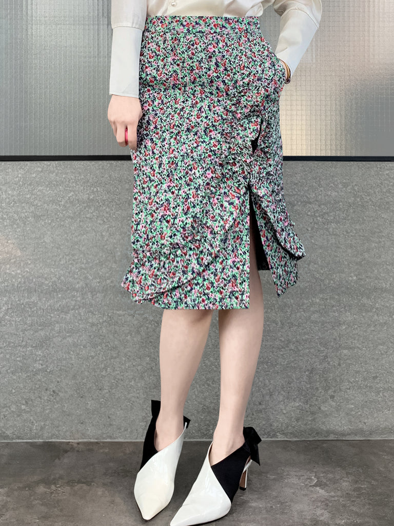 Surprise Sale! Green Jacquard Blossom Ruffle Slit Pencil Skirt
