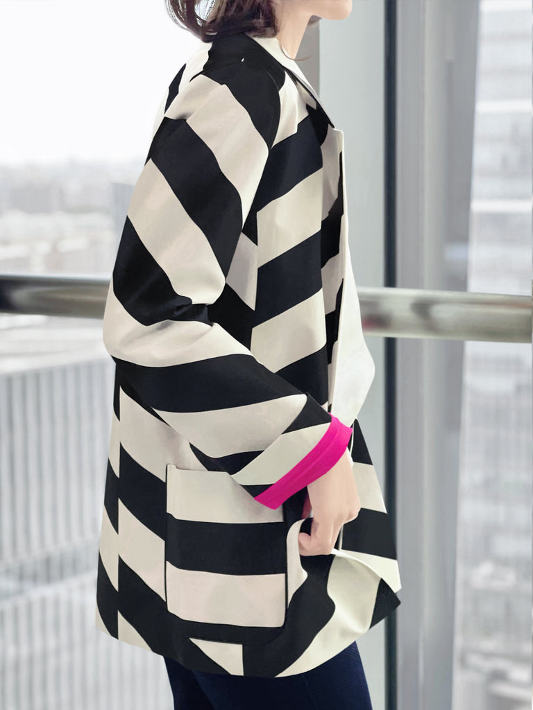 驚喜促銷!大膽條紋扇貝翻領寬鬆版型前開襟西裝外套