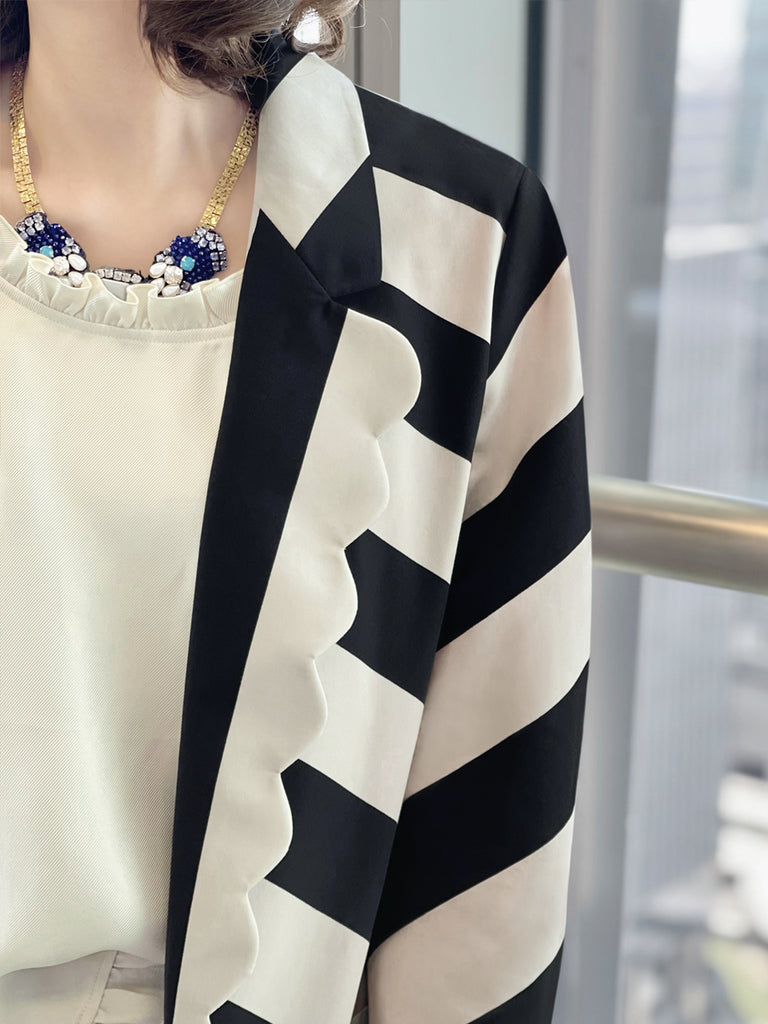 驚喜促銷!大膽條紋扇貝翻領寬鬆版型前開襟西裝外套