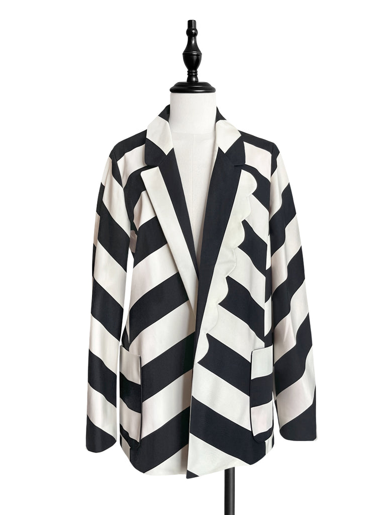 驚喜促銷!大膽條紋扇貝翻領寬鬆版型前開襟西裝外套