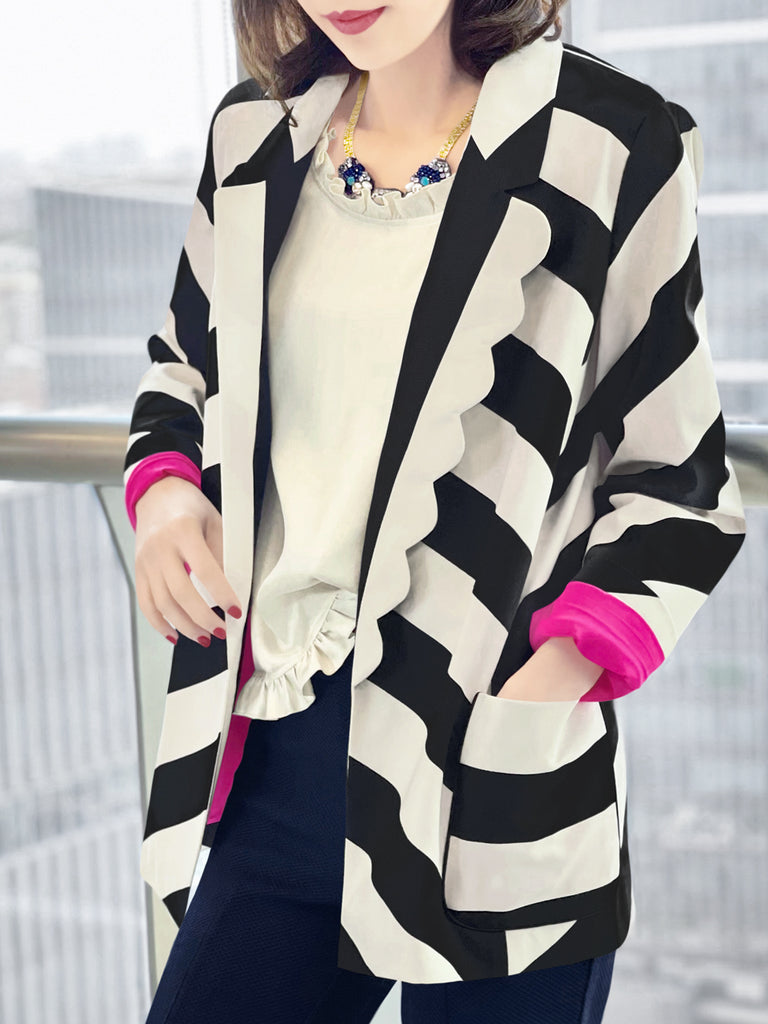 驚喜促銷!大膽條紋扇貝翻領寬鬆版型前開襟西裝外套