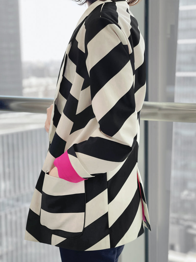 驚喜促銷!大膽條紋扇貝翻領寬鬆版型前開襟西裝外套