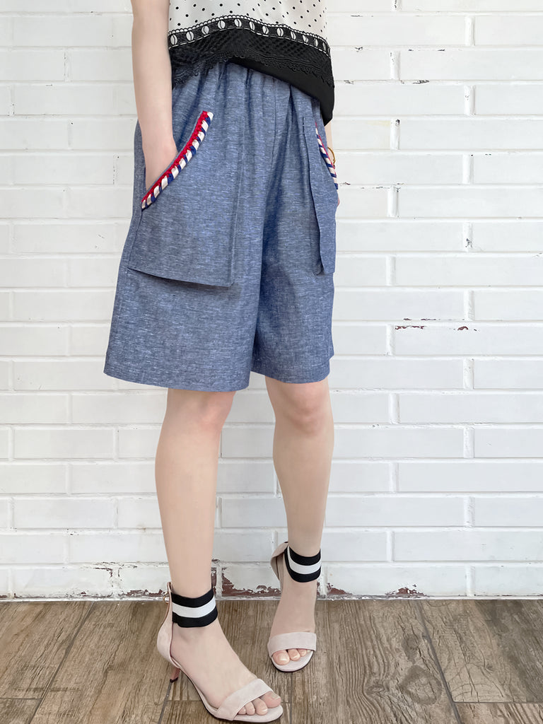 Surprise Sale! Summer Denim Elastic Waist Trimmed Pocket Bermuda Shorts