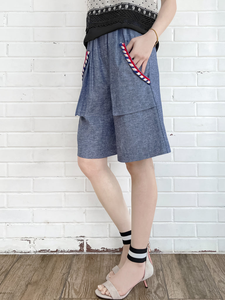 Surprise Sale! Summer Denim Elastic Waist Trimmed Pocket Bermuda Shorts