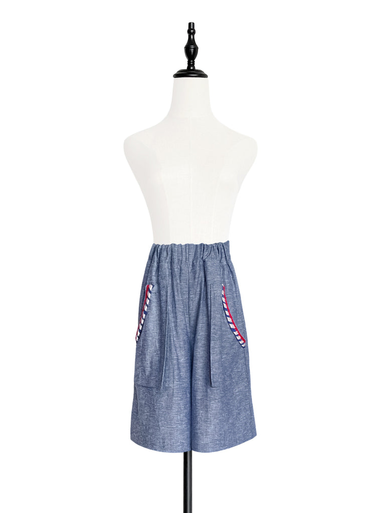 Surprise Sale! Summer Denim Elastic Waist Trimmed Pocket Bermuda Shorts