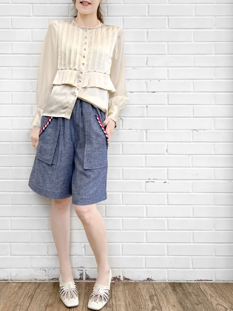 Surprise Sale! Summer Denim Elastic Waist Trimmed Pocket Bermuda Shorts