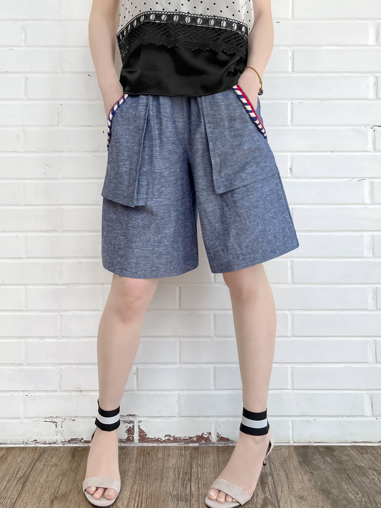 Surprise Sale! Summer Denim Elastic Waist Trimmed Pocket Bermuda Shorts