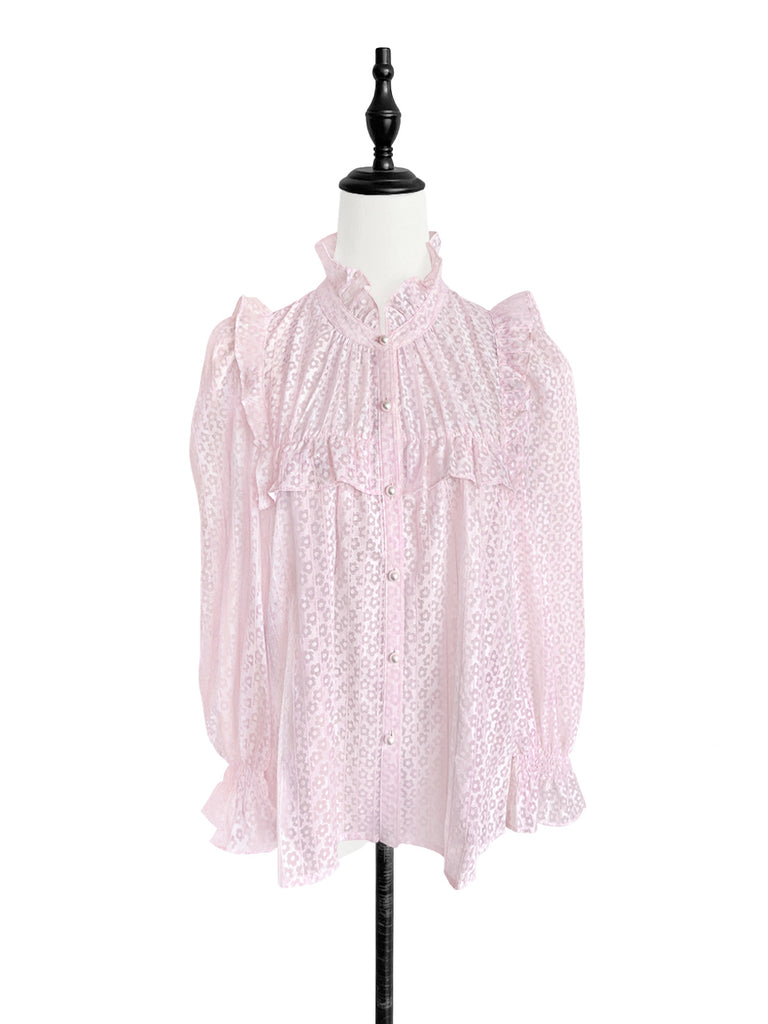Pinky-Day! Pink Floral Daisy Lace Striped Ruffle Button-Up Blouse